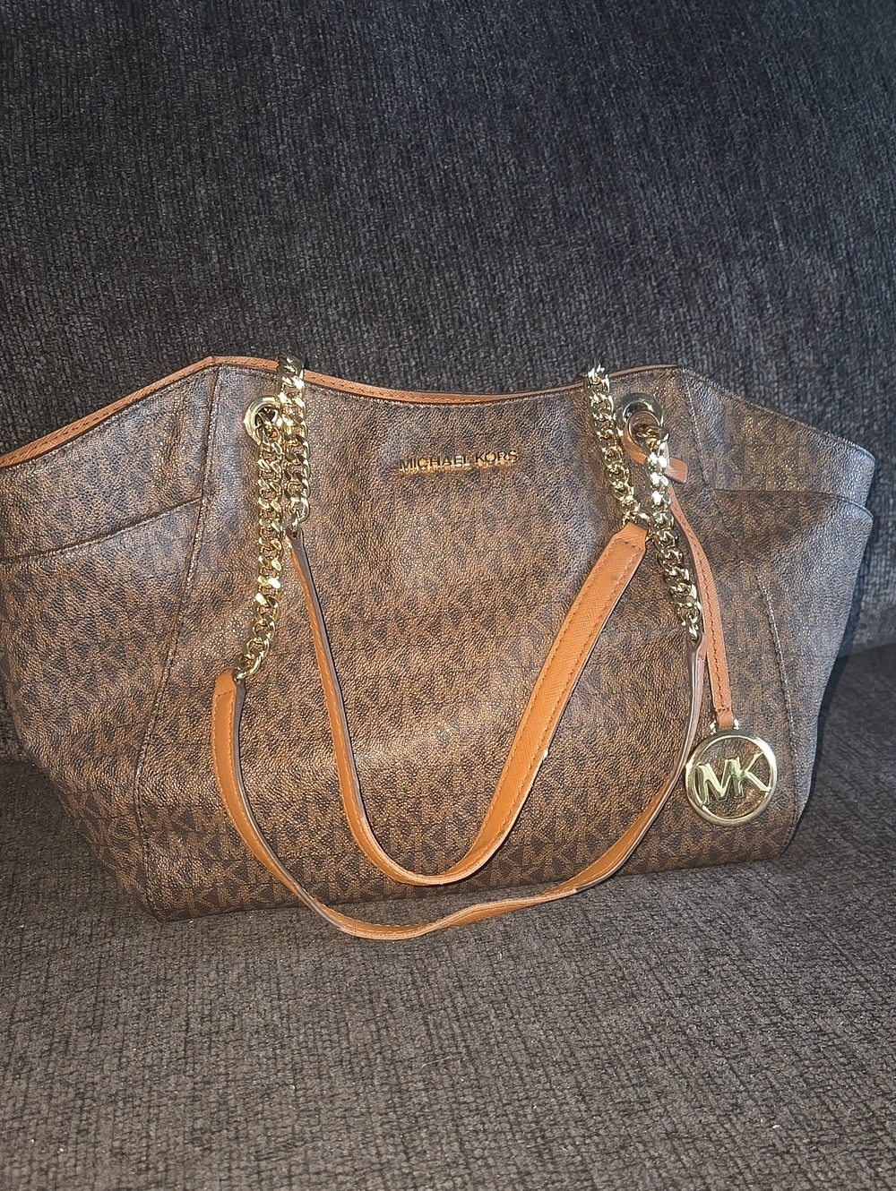 Michael Kors Brown MK Logo Chain-Strap Tote with Tan Trim